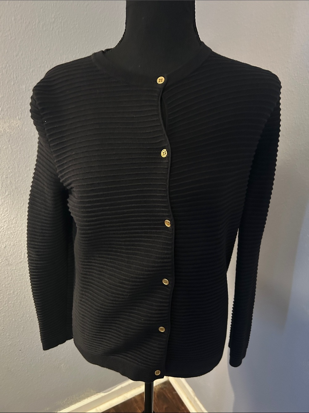 Lands’ End Women Black Ribbed Button-Front Sweater Cardigan Size Extra Small